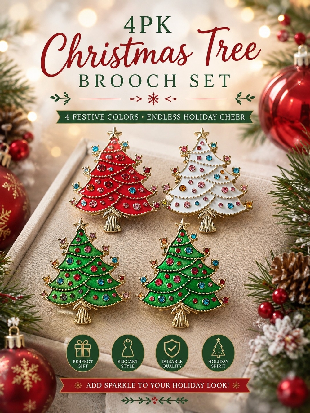 101. Festive Christmas Tree Brooch Set - Red, White & Green Holiday Pins